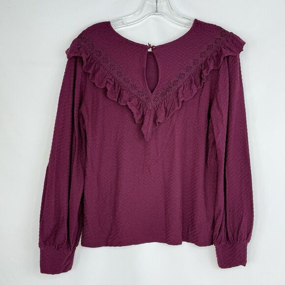 J.CREW Burgundy Ruffle Trim Honeycomb Knit Blouse Top Shirt Small - Picture 3 of 16